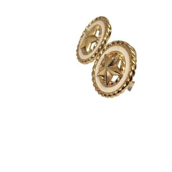 Vintage signed Monet Gold Tone Cream Enamel With Center Star Clip On Earrings - Picture 9 of 13